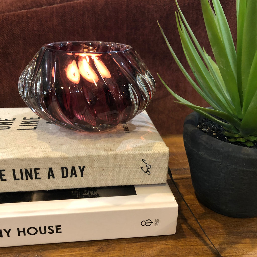 Plum Glass Tea Light Candle Holder 12cm - CLEARANCE