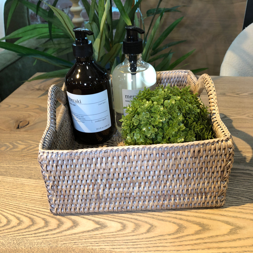Rattan Square Baskets in Natural White Wash - Size Choice