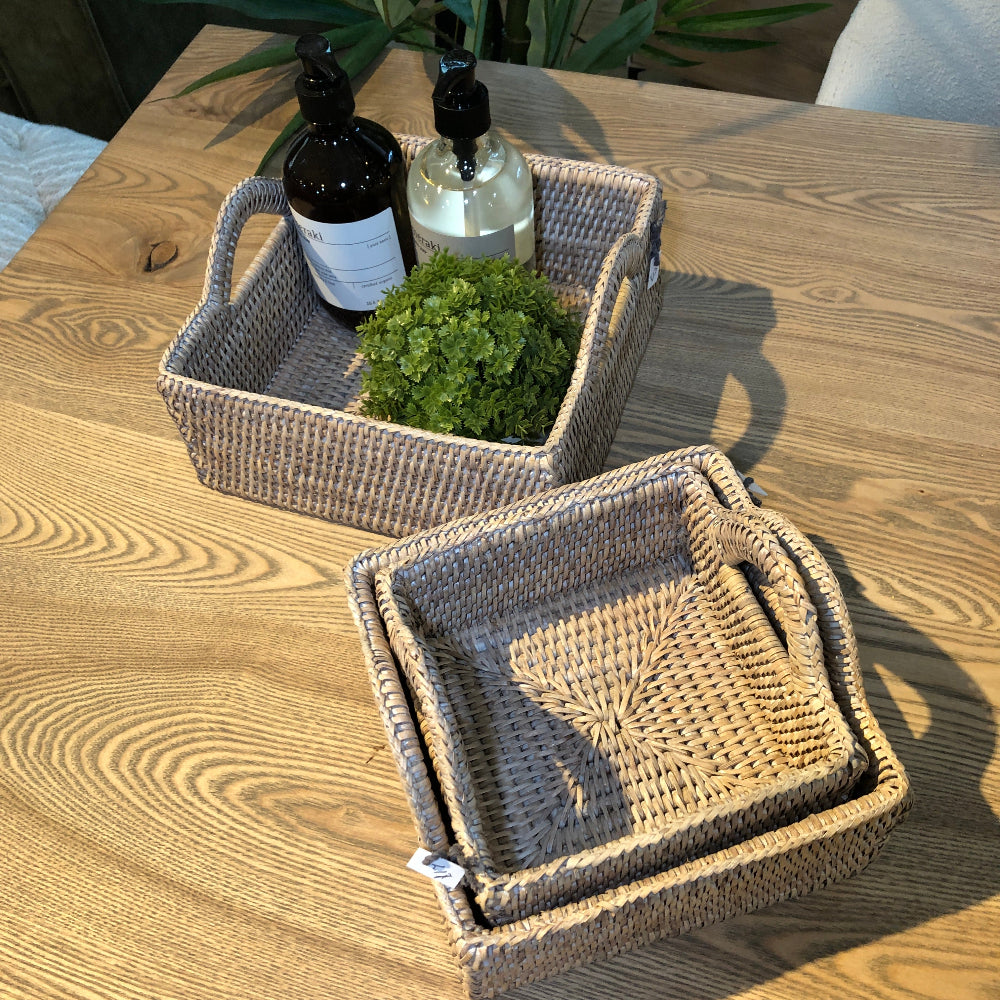 Rattan Square Baskets in Natural White Wash - Size Choice