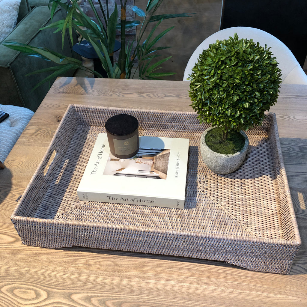 Rattan Large Rectangle Tray with Legs in Natural White Wash 65cm