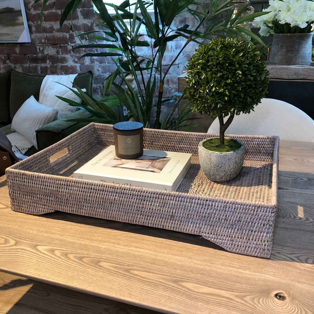 Rattan Large Rectangle Tray with Legs in Natural White Wash 65cm