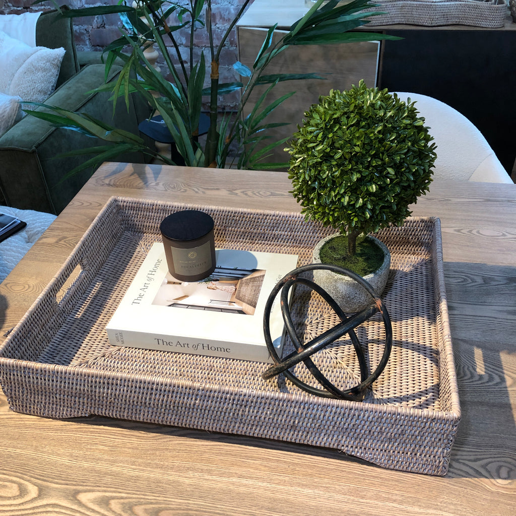 Rattan Large Rectangle Tray with Legs in Natural White Wash 65cm