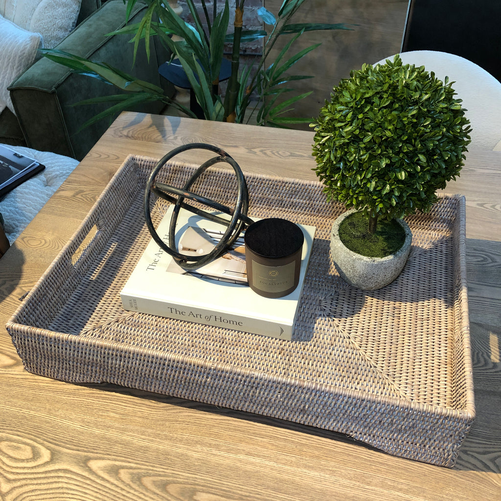 Rattan Large Rectangle Tray with Legs in Natural White Wash 65cm