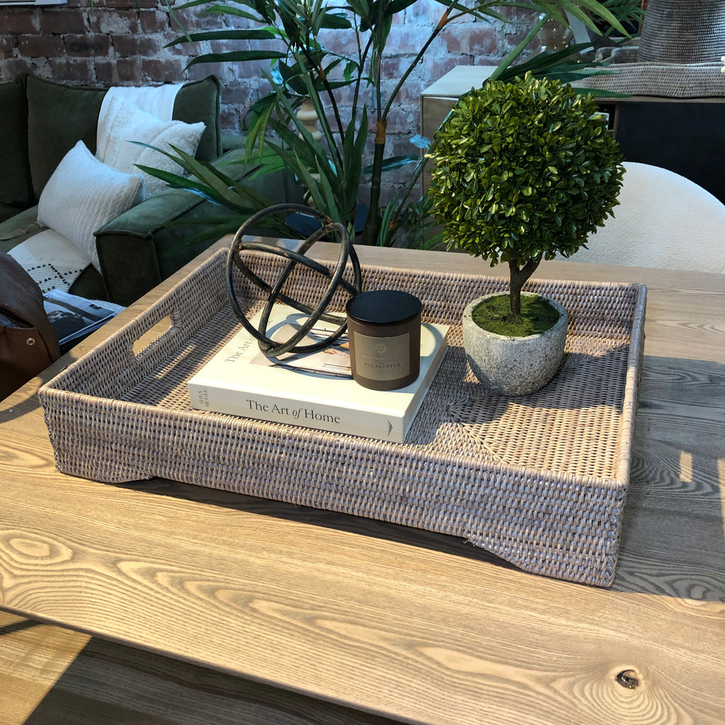 Rattan Large Rectangle Tray with Legs in Natural White Wash 65cm