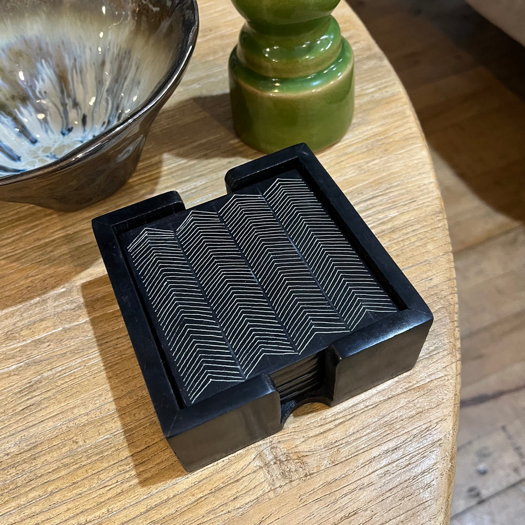 Kota Etched Bone Coaster Set of Six with Holder