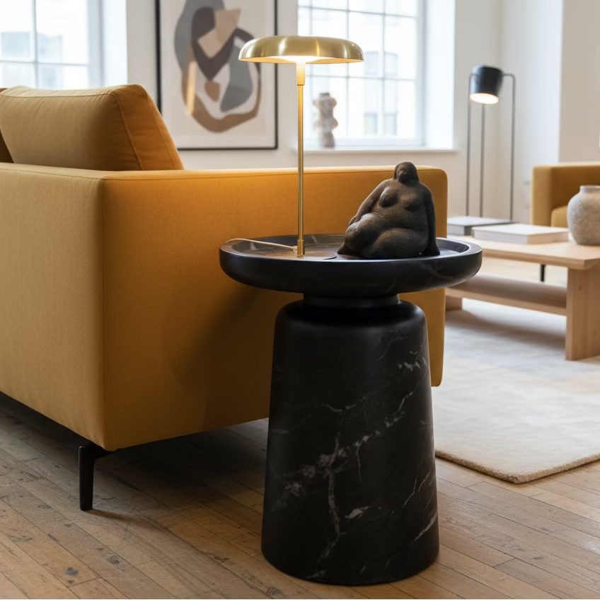 Black marble side table with a sculpture and candle on a wooden floor.