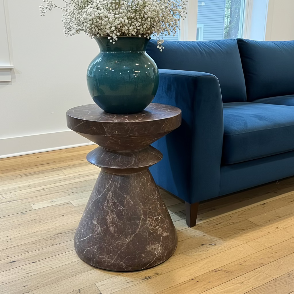 Decorative vase on a marble side table in a living room setting.