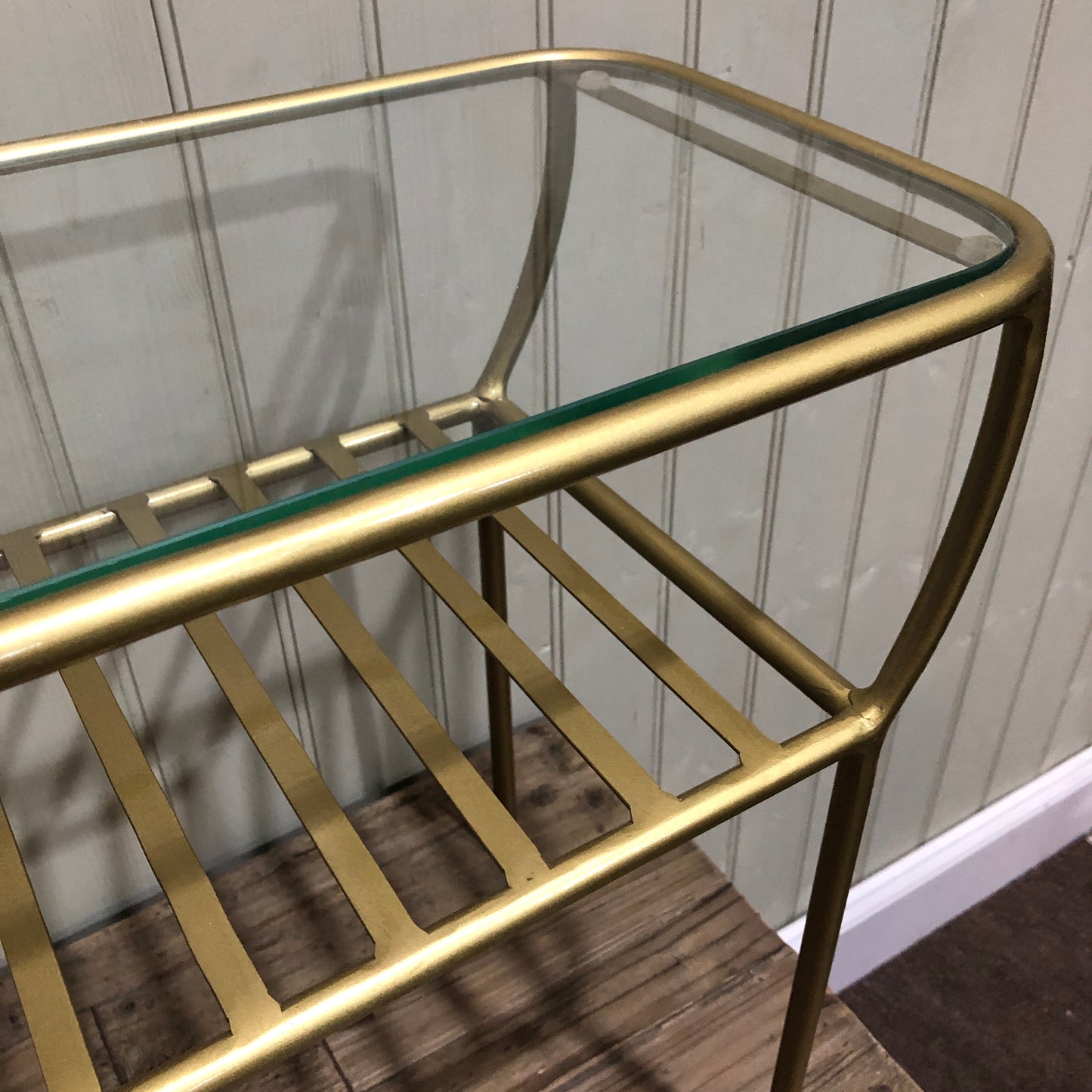 Golden Side Table with Glass Top and Under Shelf - CLEARANCE