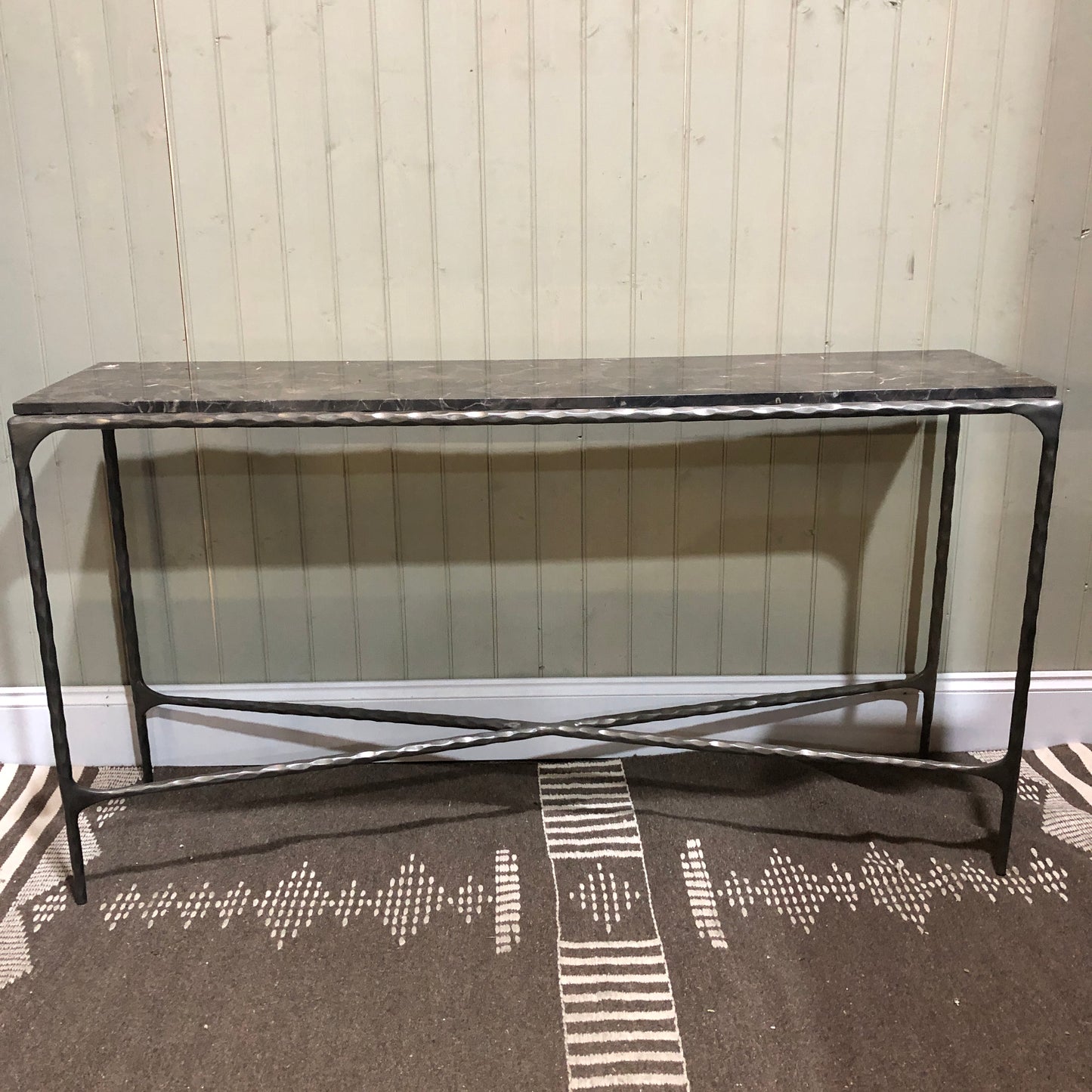 French Brown Marble and Antiqued Gunmetal Console Table 140cm - CLEARANCE