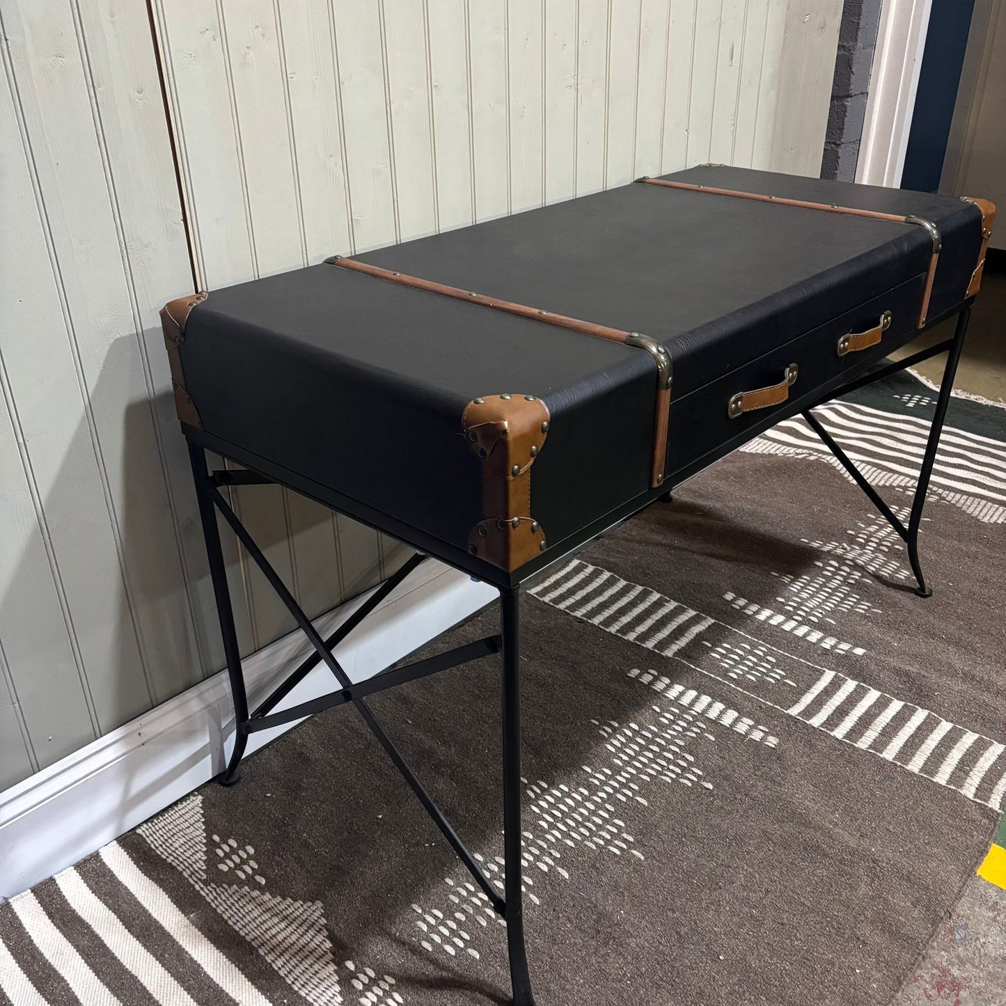 Black Faux Leather Desk with Black Metal Legs - CLEARANCE