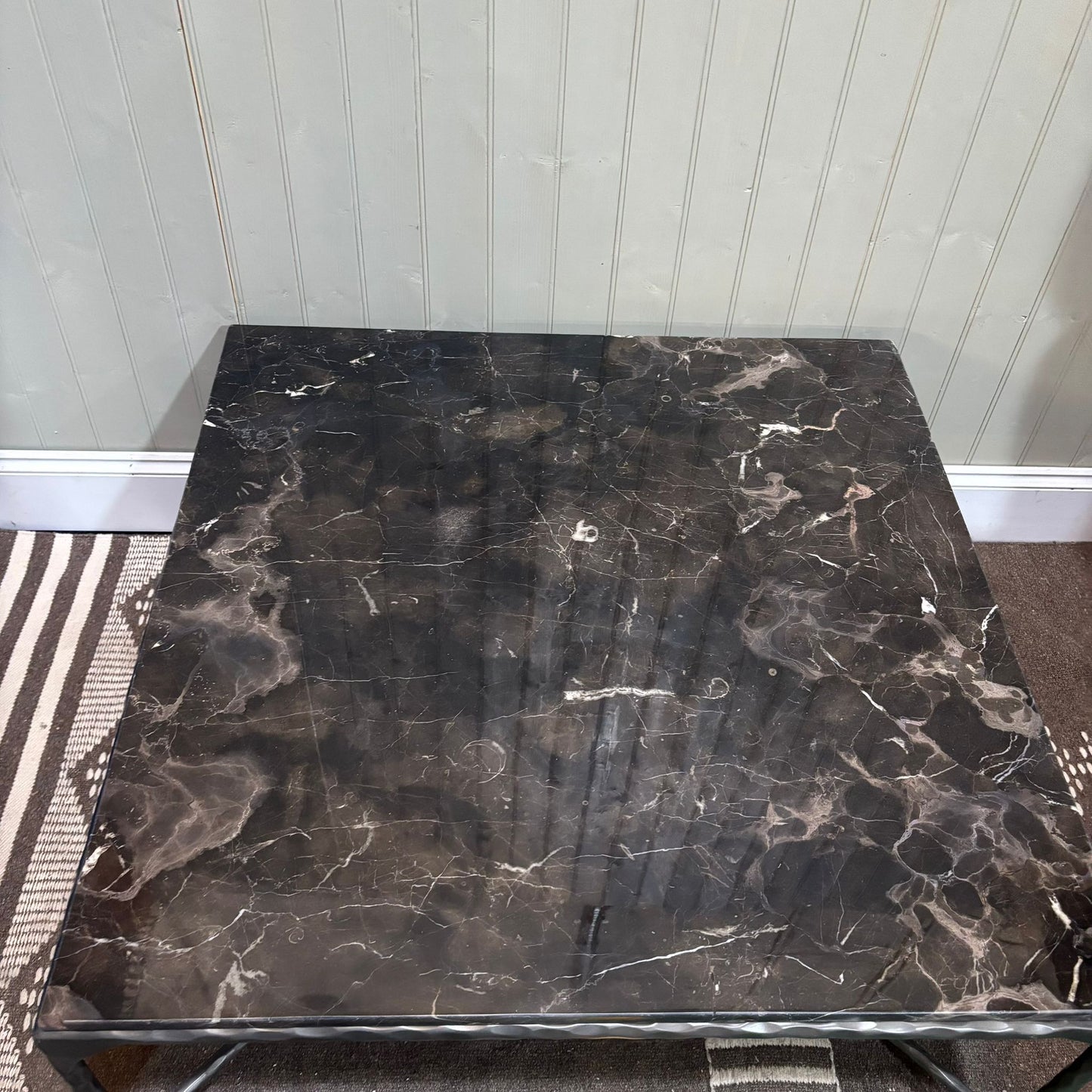French Brown Marble and Antiqued Gunmetal Square Forged Coffee Table 90cm - CLEARANCE