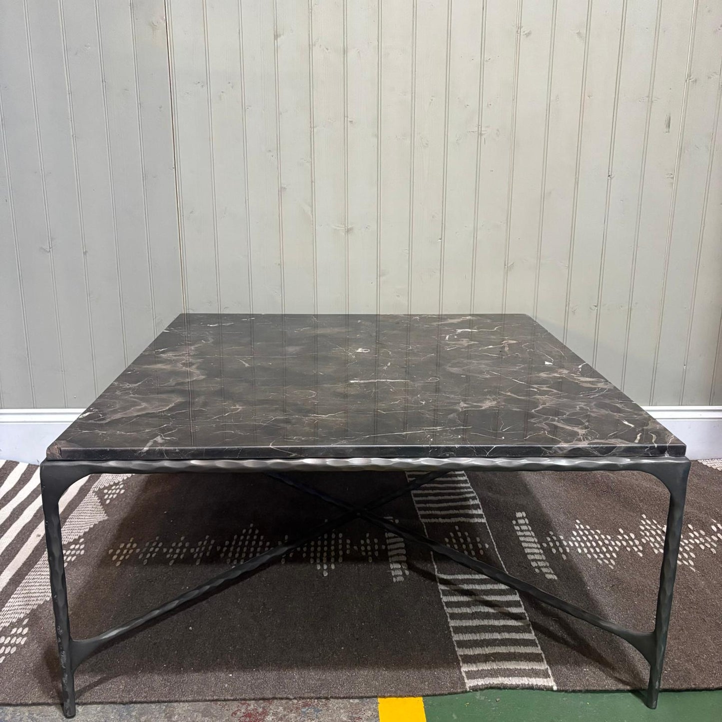 French Brown Marble and Antiqued Gunmetal Square Forged Coffee Table 90cm - CLEARANCE