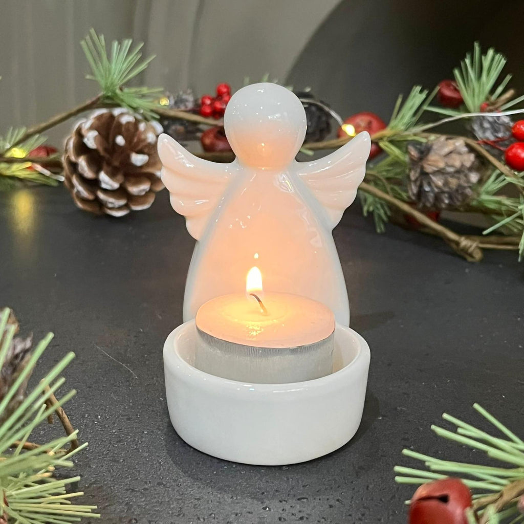 White Glazed Ceramic Angel Tealight Holder 8cm | Annie Mo's