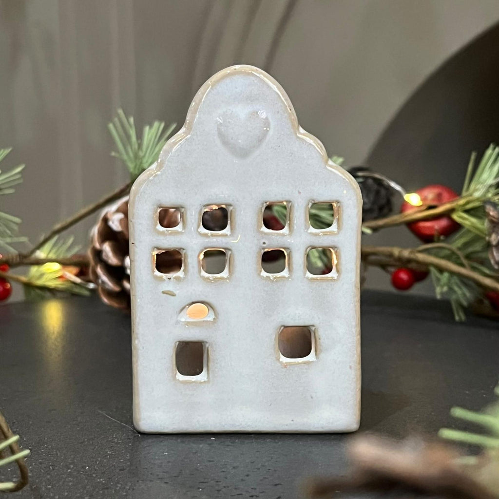 Glazed Ceramic House Tealight with Textured Detail 8.7cm