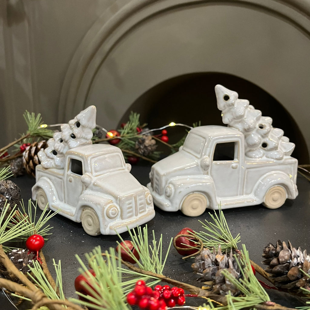 Glazed Ceramic Car Carrying Christmas Tree Ornament with LED - Size Choice