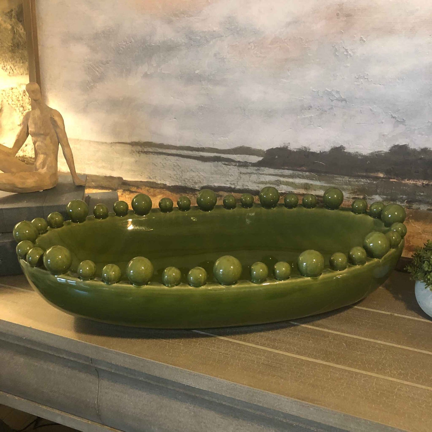 Emmerdale Large Decorative Green Oval Bobble Bowl