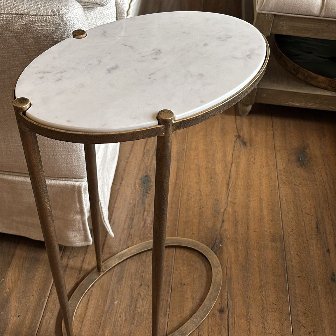 Iota Oval Accent Table White Banswara Marble Aged Champagne