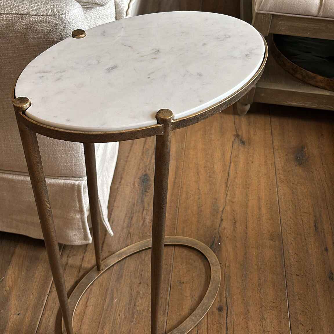Iota Oval Accent Table White Banswara Marble Aged Champagne-B