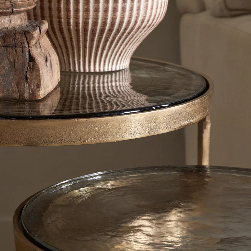 Khidki Cast Metal and Glass Nesting Side Tables - Antiqued Brass