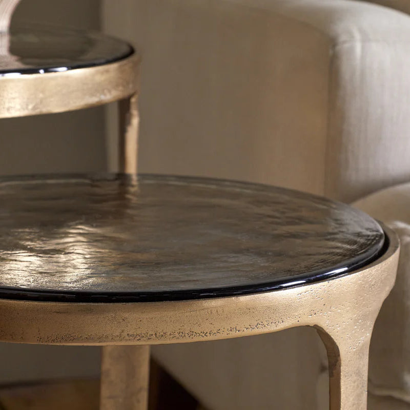 Khidki Cast Metal and Glass Nesting Side Tables - Antiqued Brass