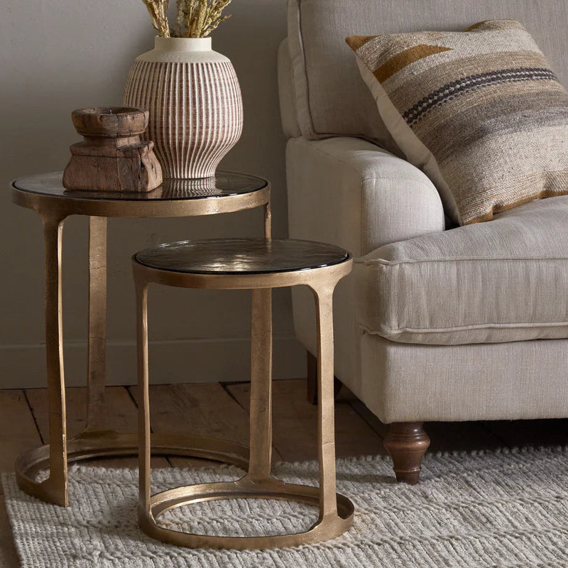 Khidki Cast Metal and Glass Nesting Side Tables - Antiqued Brass | Annie Mo's