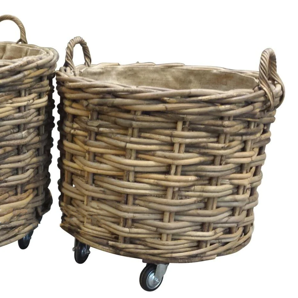 Large Round Rattan Wheeled and Lined Baskets - Size Choice