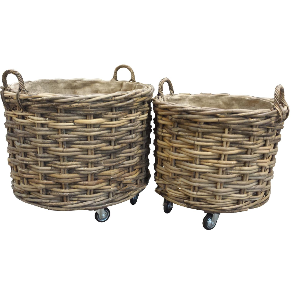 Large Round Rattan Wheeled and Lined Baskets - Size Choice