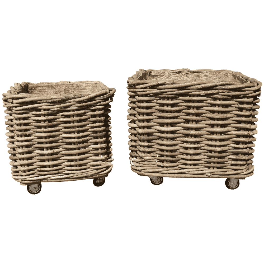 Large Square Rattan Wheeled and Lined Baskets - Size Choice