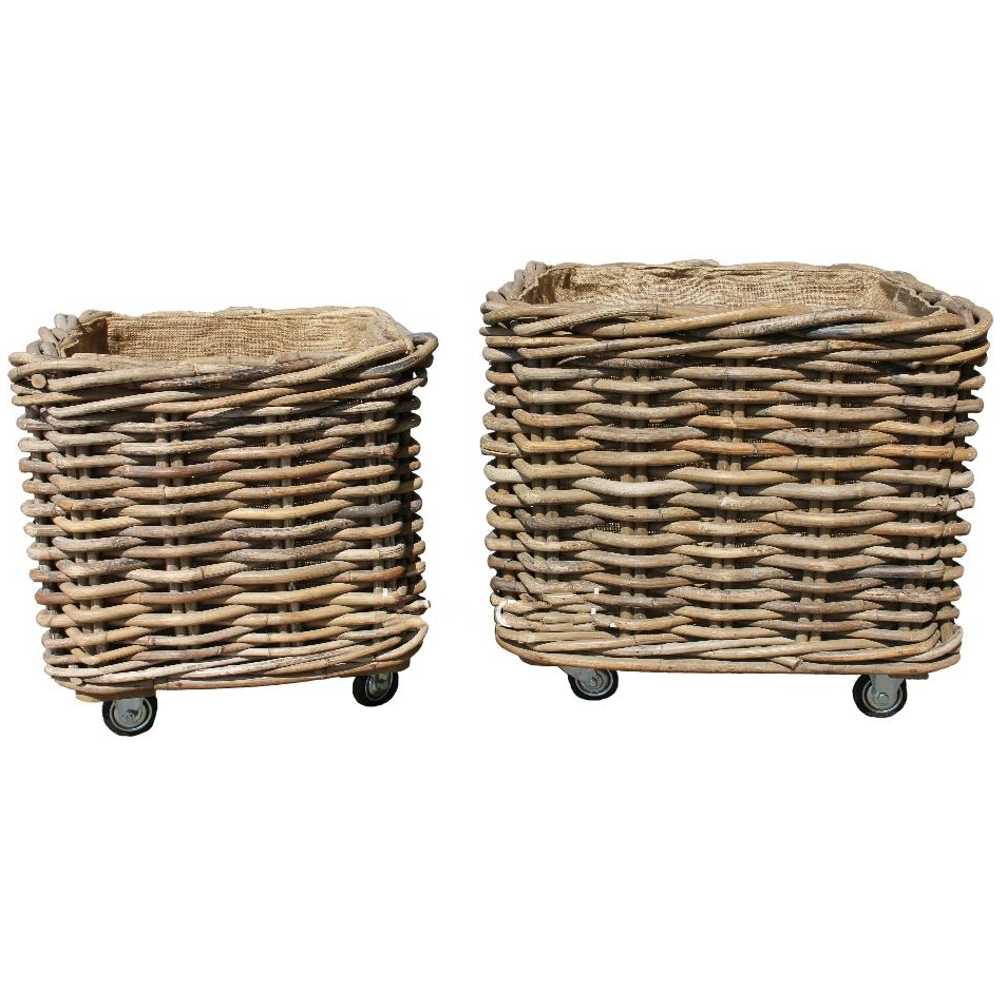 Large Square Rattan Wheeled and Lined Baskets - Size Choice