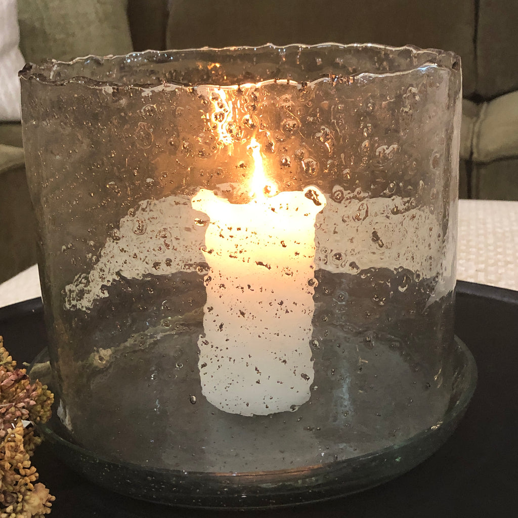 Large Bubbled Glass Hurricane and Plate 28cm | Annie Mo's