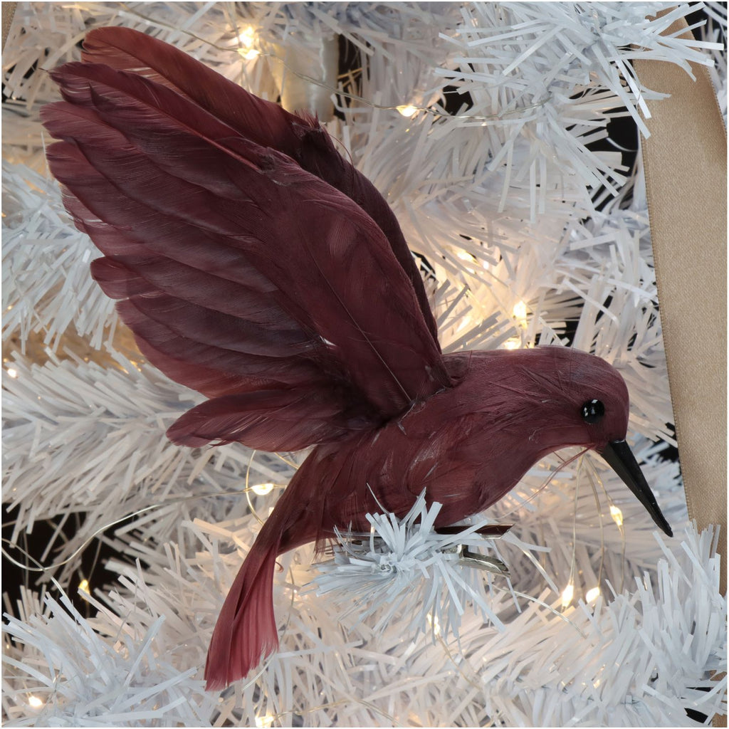 Burgundy Feather Ornamental Hanging Bird 15cm