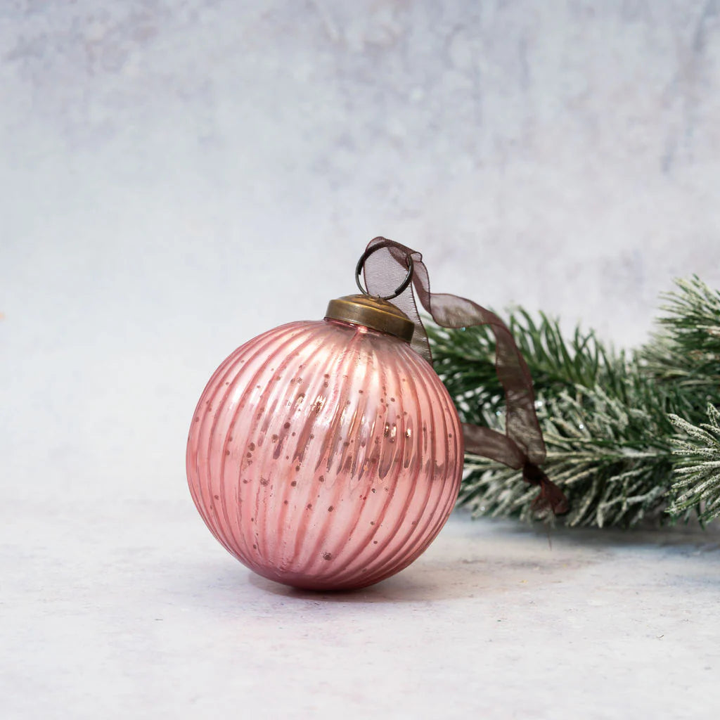Mauve Glass Ribbed Ball Bauble 8cm | Annie Mo's