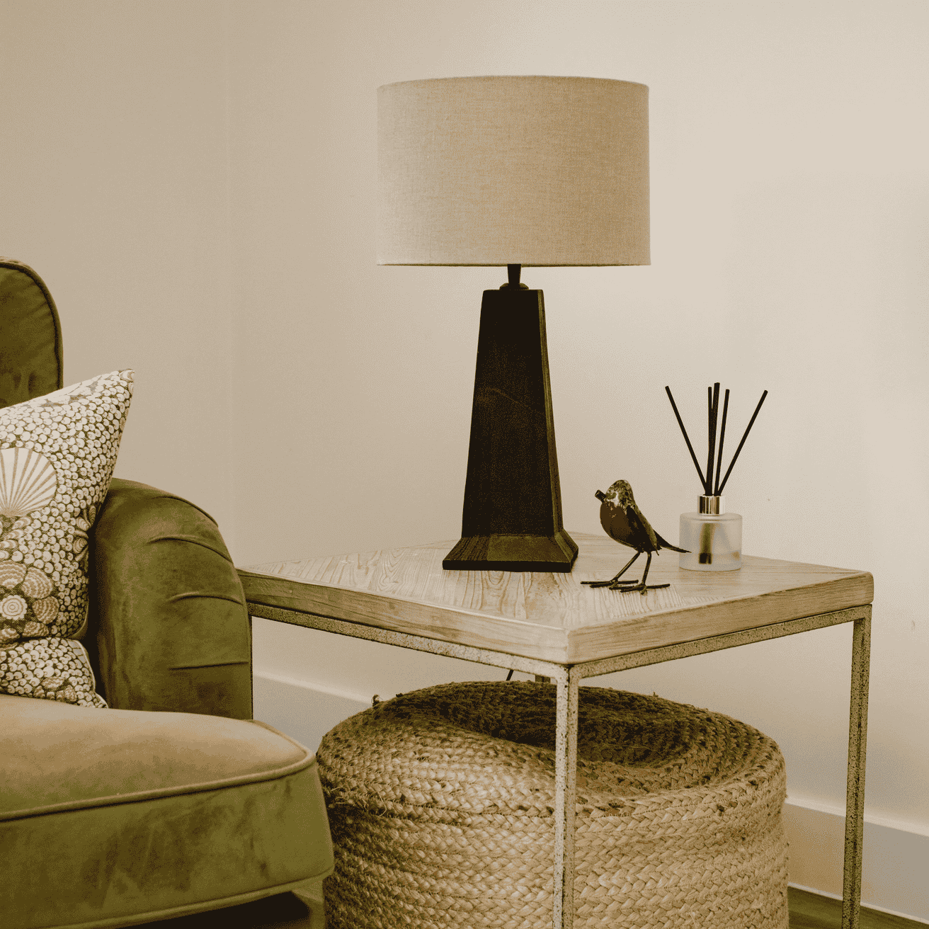 Medium Black-Stained Sandblasted Table Lamp with Beige Linen Shade 52cm -3