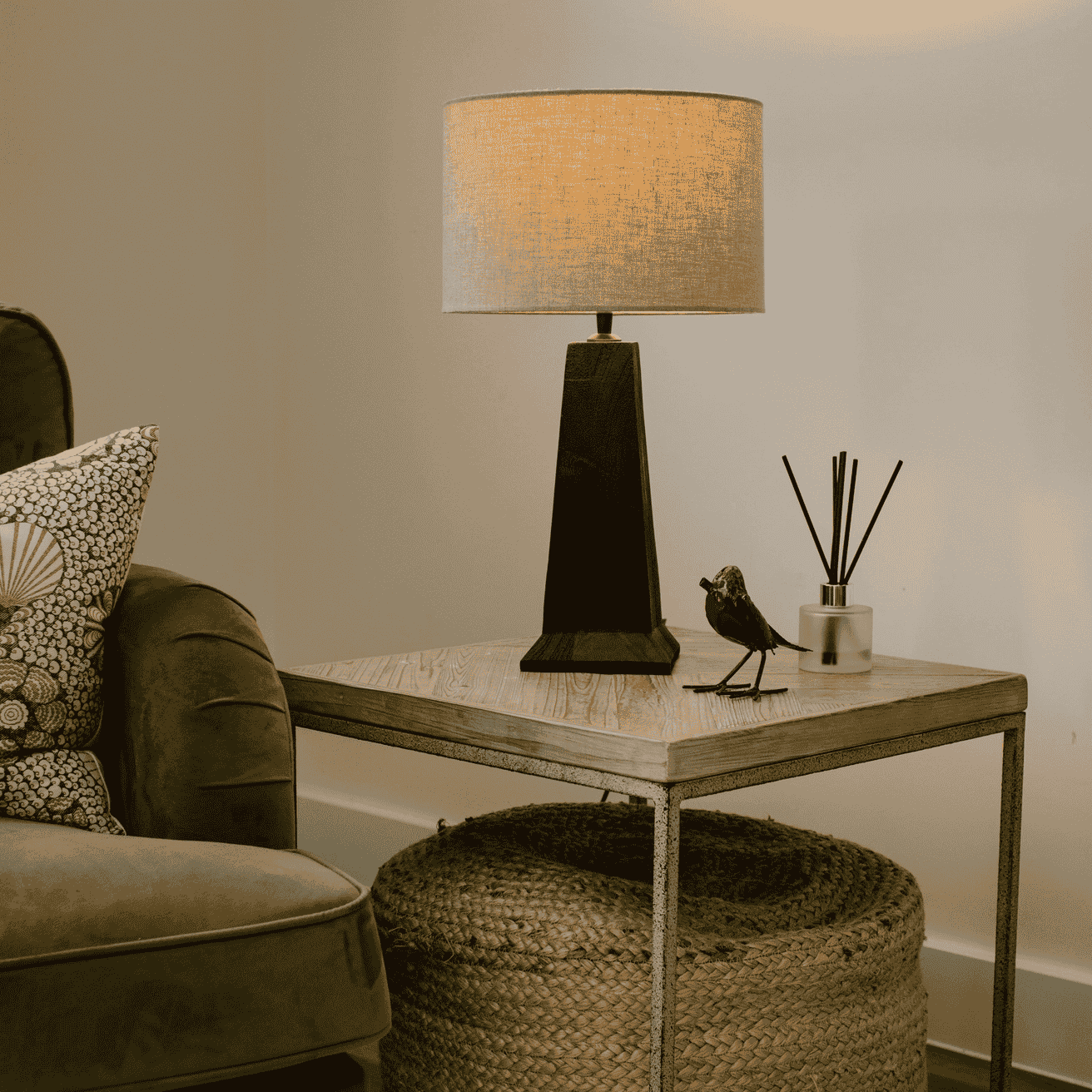Medium Black-Stained Sandblasted Table Lamp with Beige Linen Shade 52cm - 2
