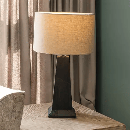 Medium Black-Stained Sandblasted Table Lamp with Beige Linen Shade 52cm -4