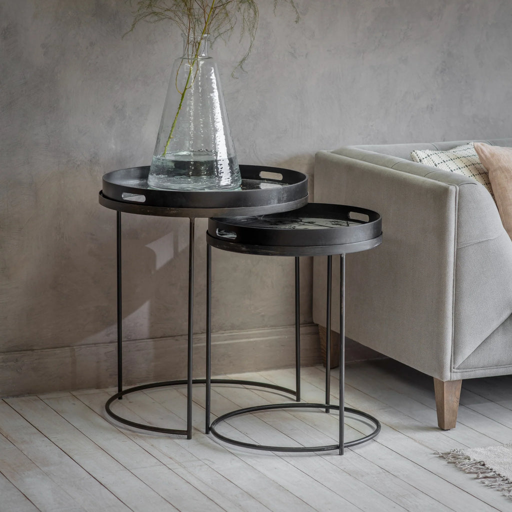 Evershot Set of Two Iron and Glass Botanical Nesting Tables 70.5cm