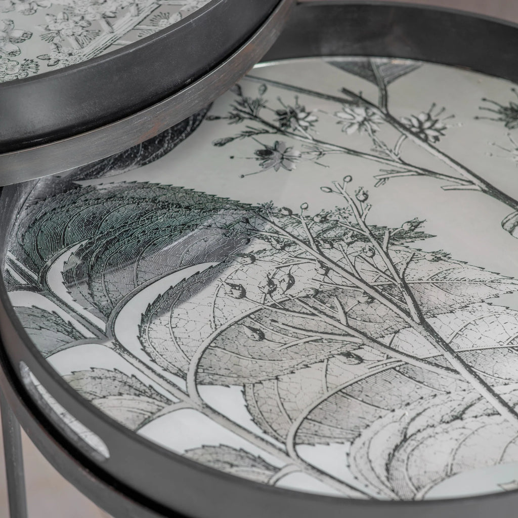 Evershot Set of Two Iron and Glass Botanical Nesting Tables 70.5cm