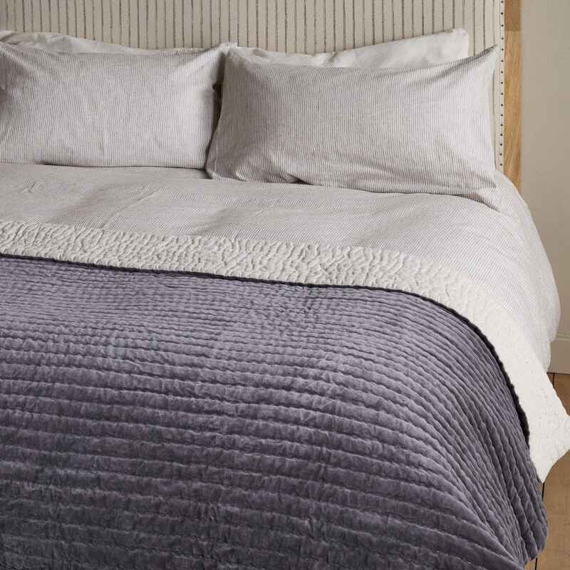 Nidra Velvet and Linen Bed Quilt - Charcoal - Size Choice | Annie Mo's