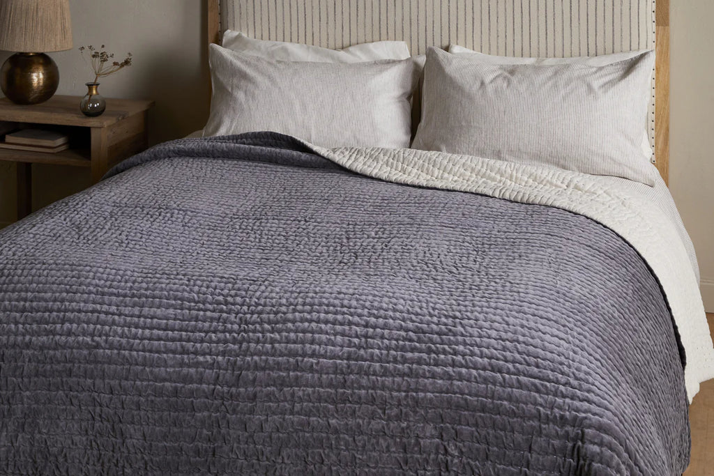 Nidra Velvet and Linen Bed Quilt - Charcoal - Size Choice