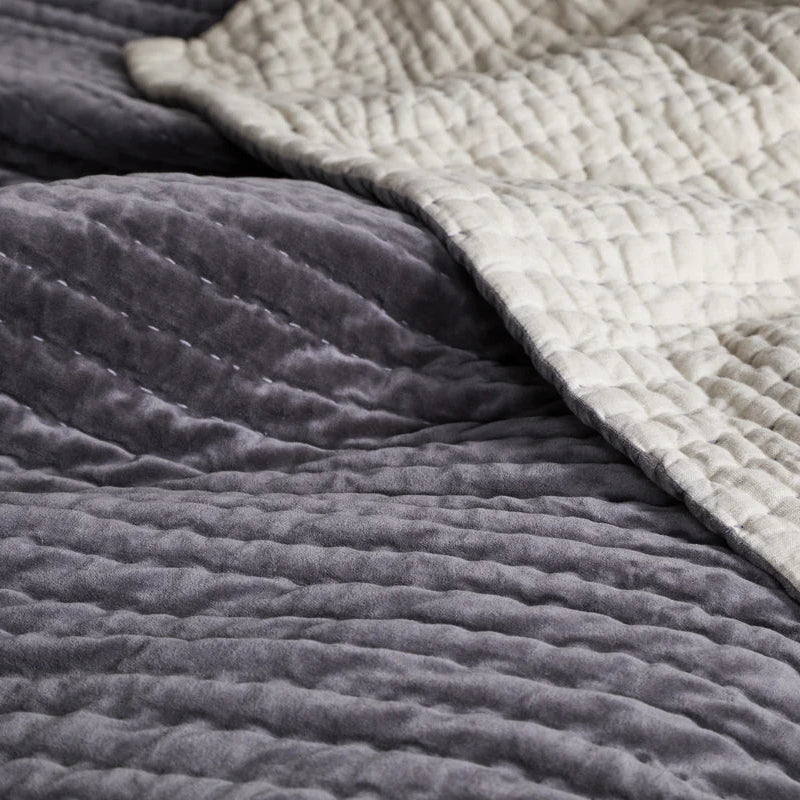 Nidra Velvet and Linen Bed Quilt - Charcoal - Size Choice