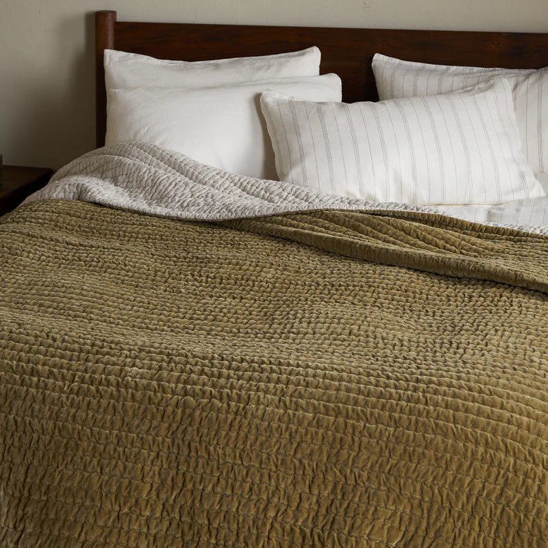 Nidra Velvet and Linen Bed Quilt - Moss - Size Choice