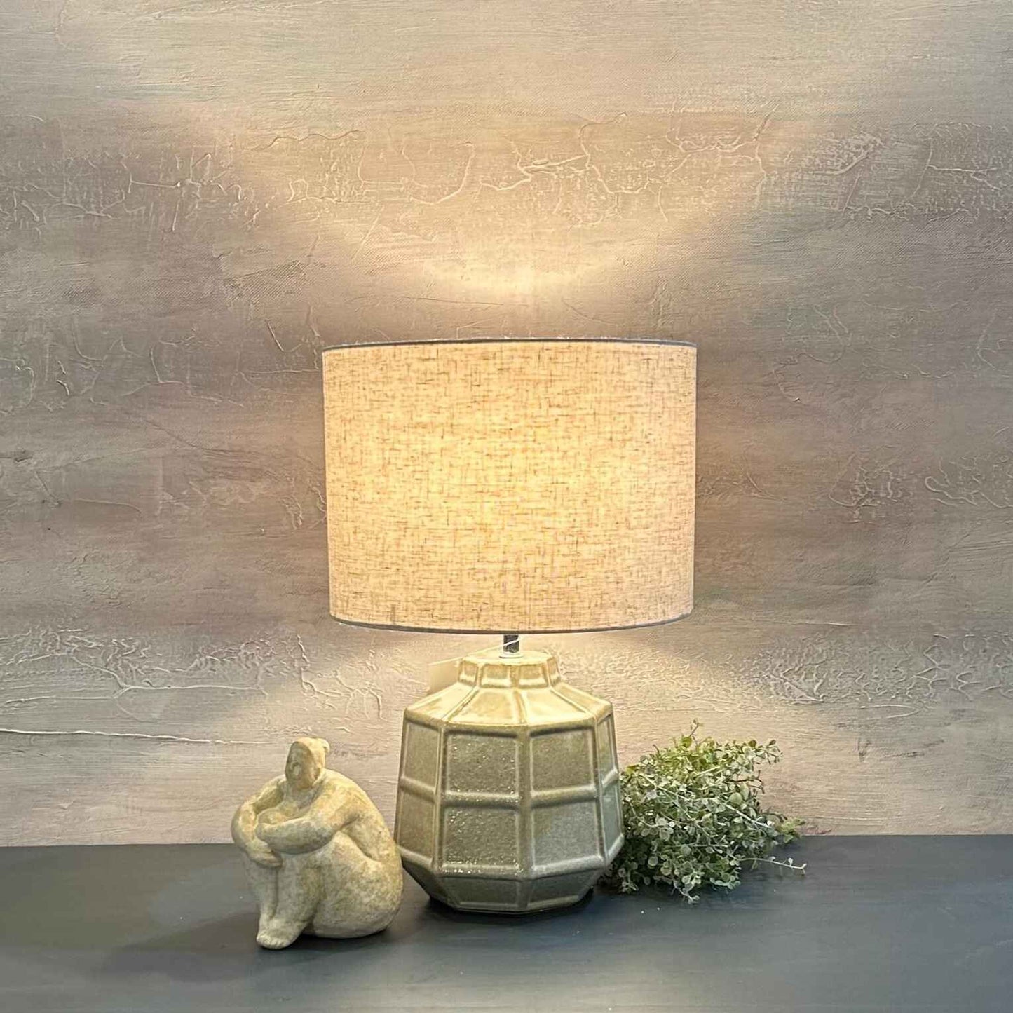 Off-White Hexagonal Table Lamp with Linen Shade