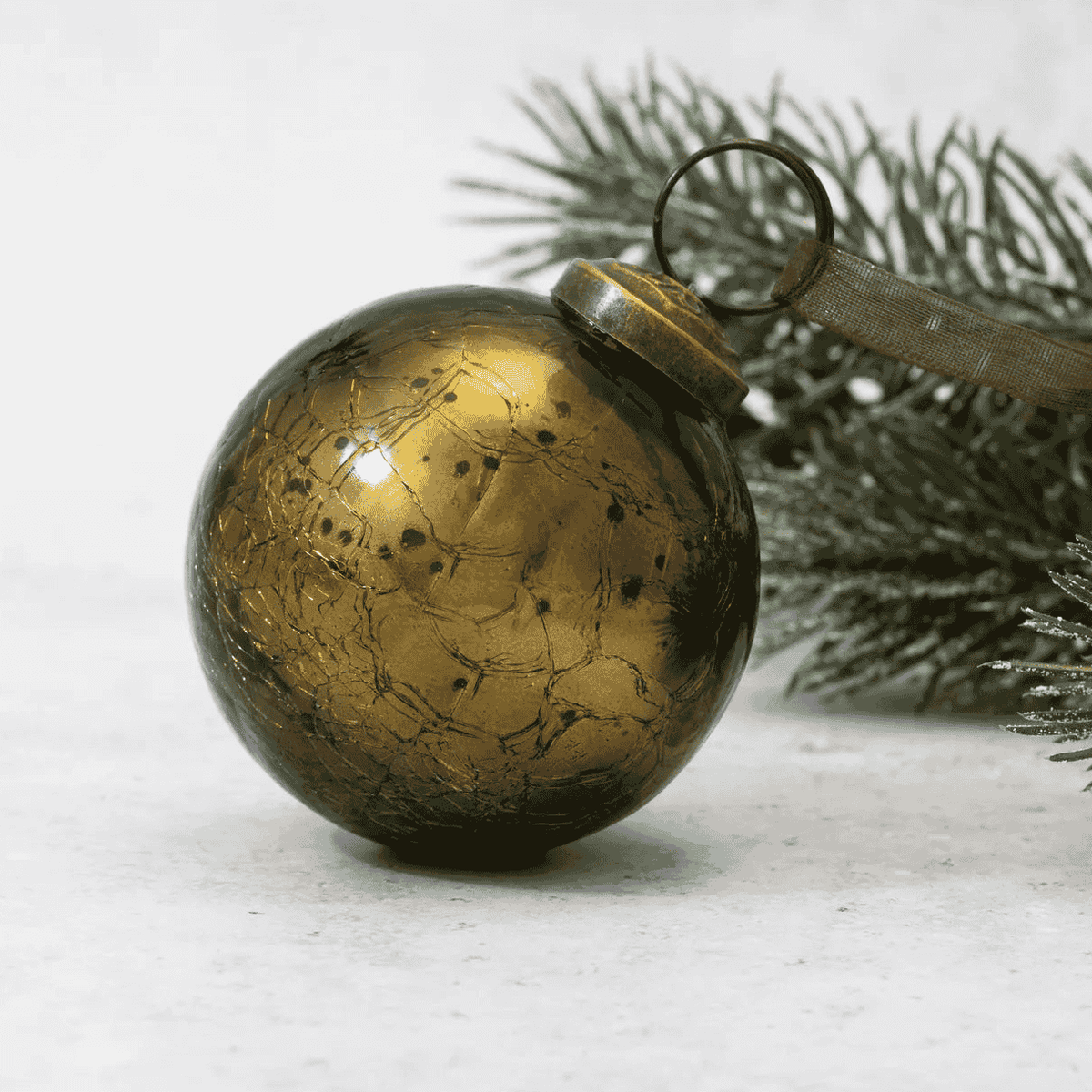 Olive Crackle Glass Christmas Bauble 8cm | Annie Mo's