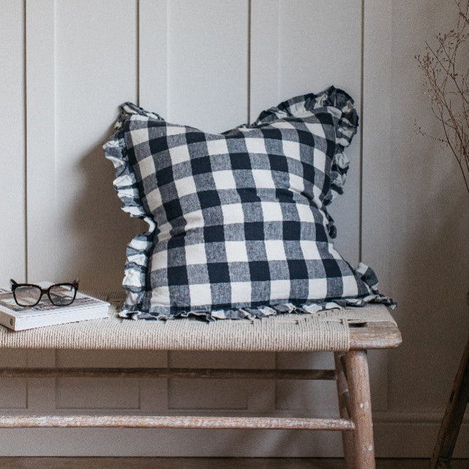 Olivia Ruffle Cushion - Midnight Gingham 60x60cm | Annie Mo's