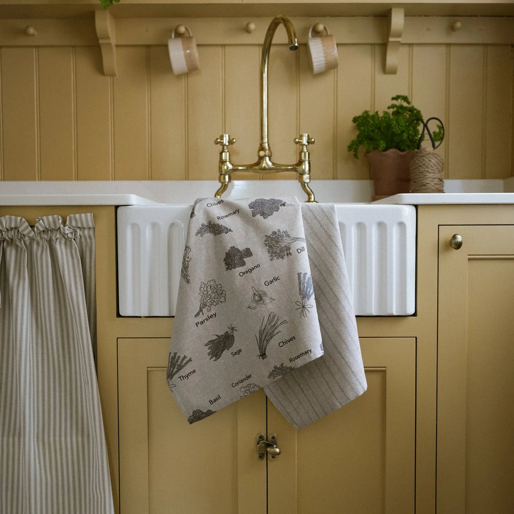 Pack of Two Herb Print and Provisional Stripe Tea Towel Black