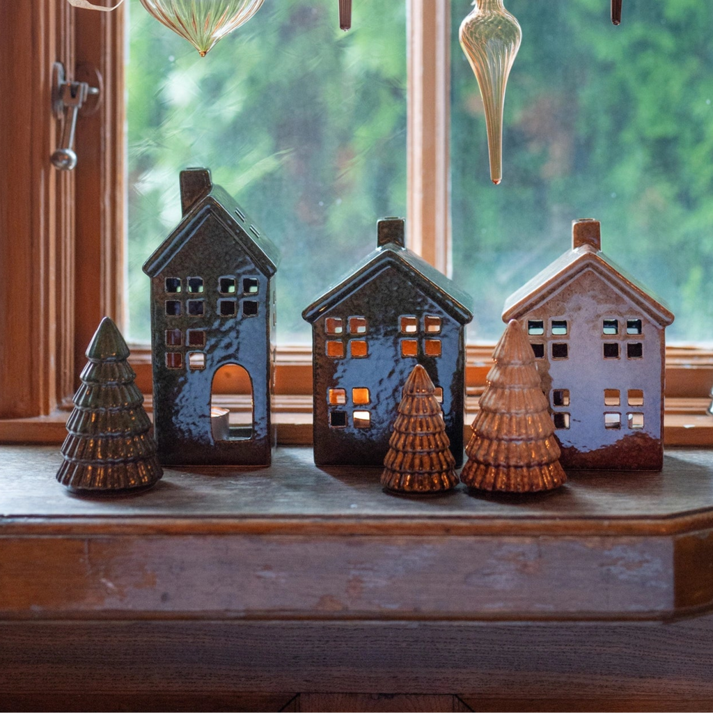 Small Porcelain Green Melange Houses 14cm