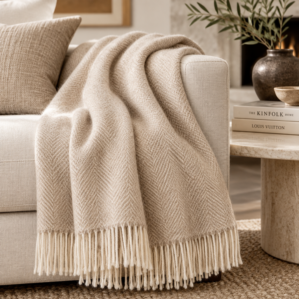 Pure Wool Herringbone Throw - Natural