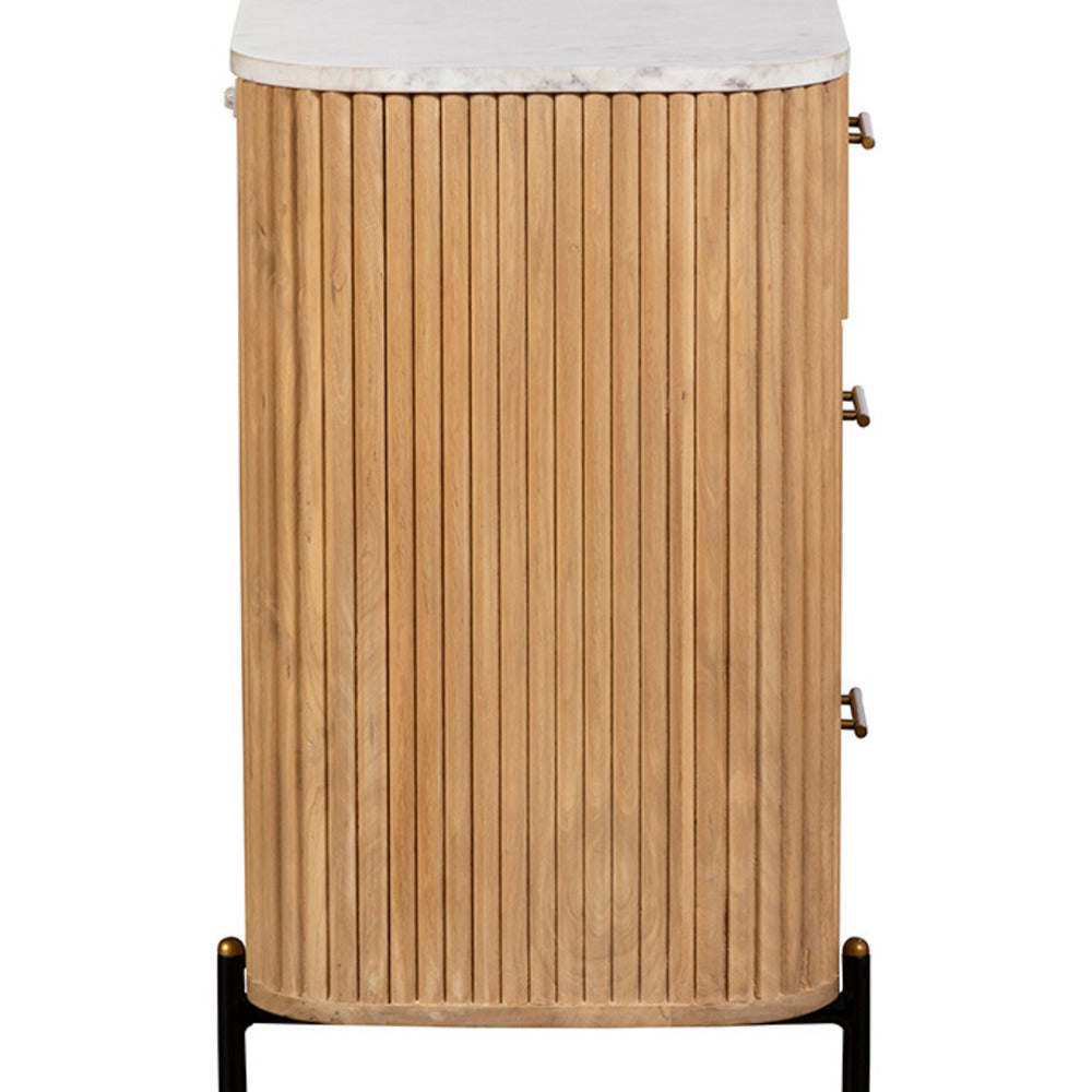 Three Drawer Reed Mango Wood and White Marble Chest of Drawers