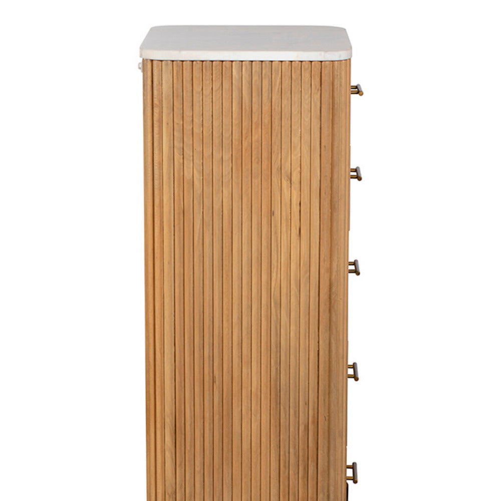 Five Drawer Reed Mango Wood and White Marble Tallboy Chest of Drawers