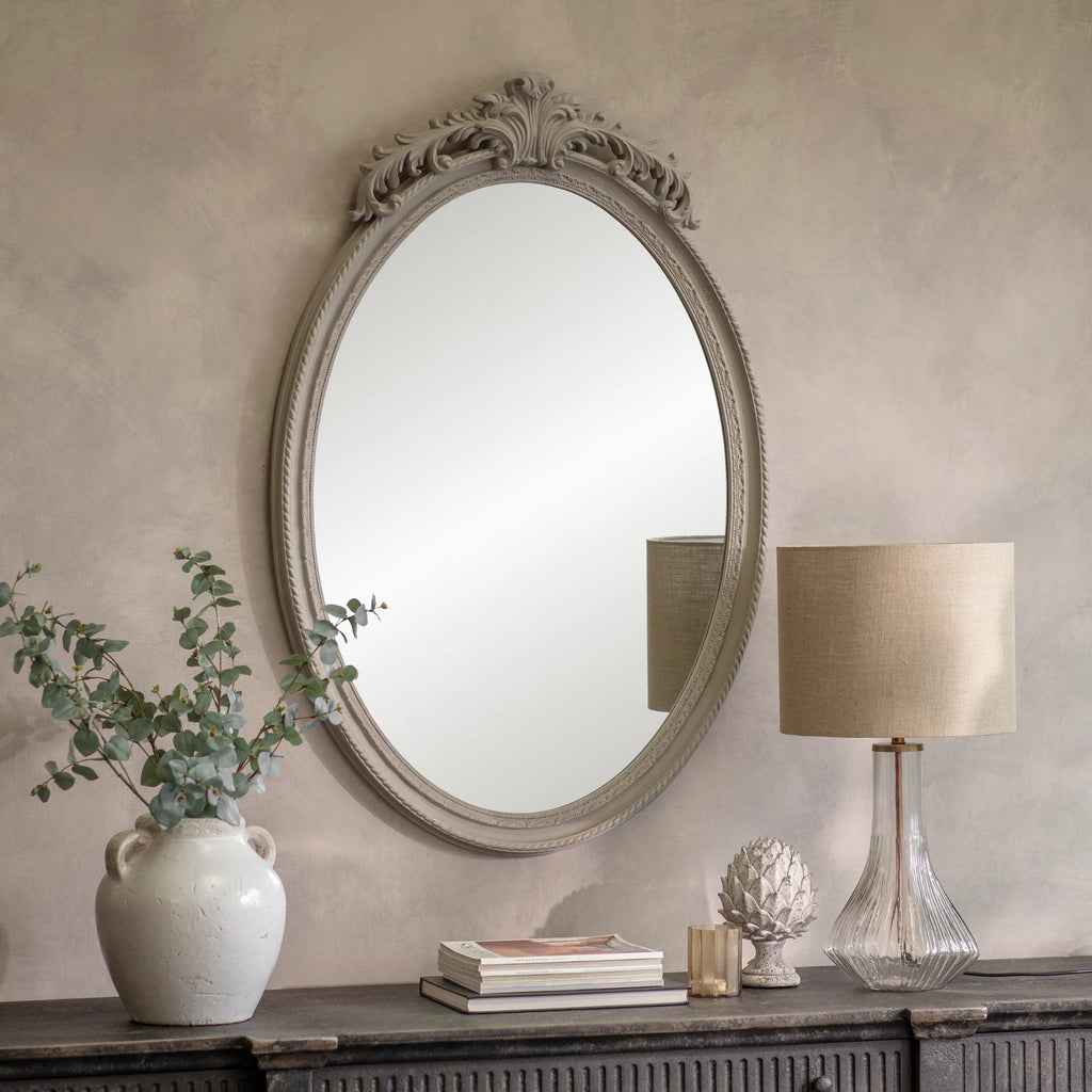 Wilton Oval Grey Mirror with Crest Top 122cm | Annie Mo's